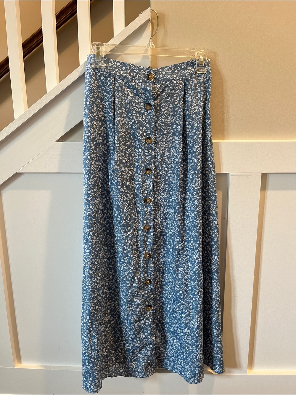 Button-Front Blue Floral Maxi Skirt